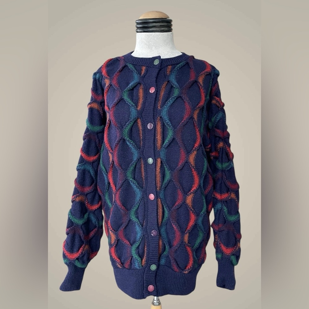 VTG Tulchan 100%Wool Flower&Lattice Chunky 3D Knit Cardigan Sweater Coogi Style